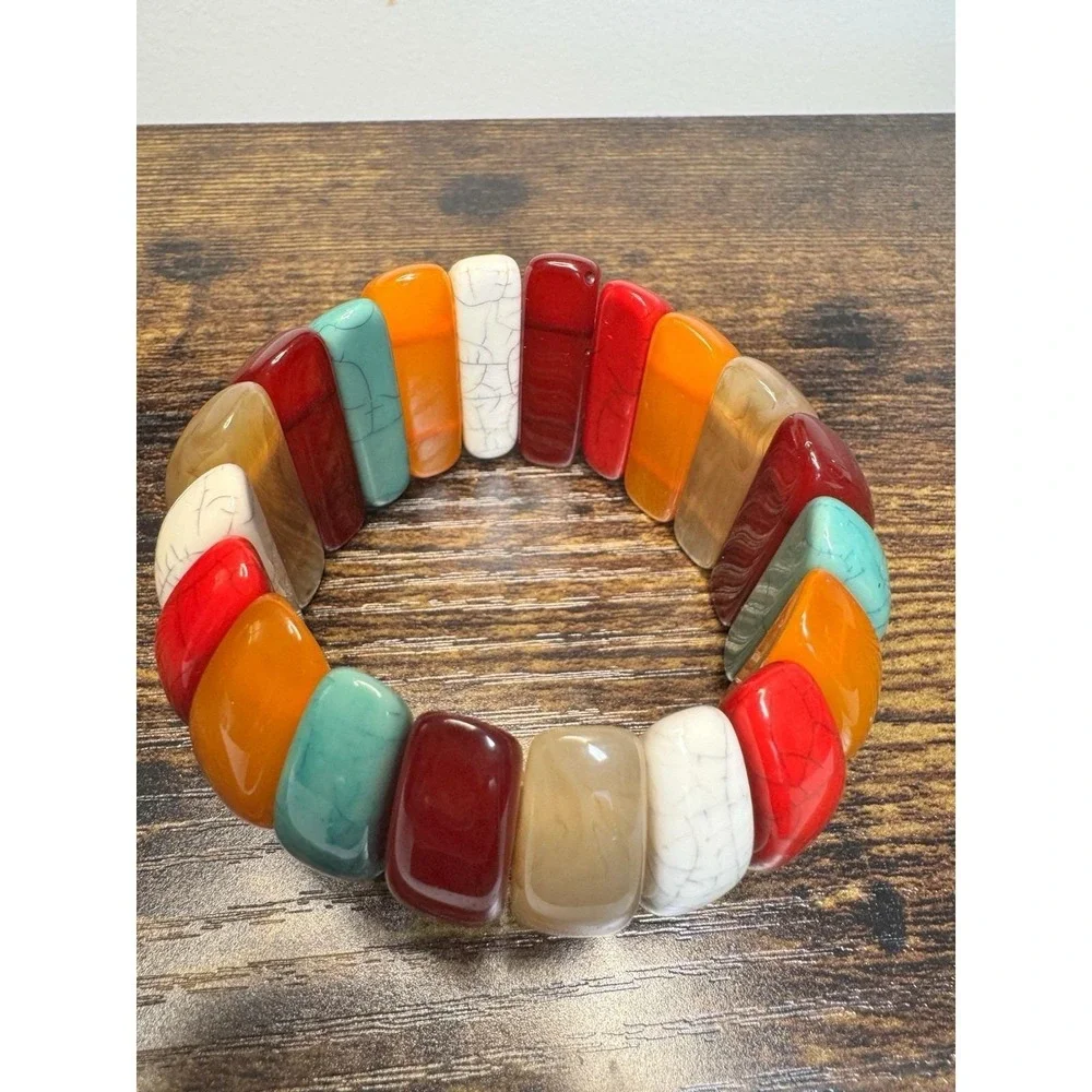 VTG Multicolored Lucite‎ Panel Stretch Bracelet Western Boho Chunky Statement